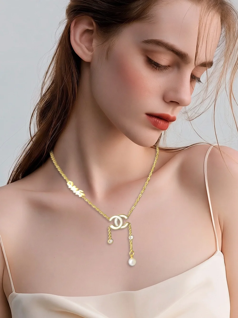 Gold Logo Drop Necklace with Pearl & Crystal Accents